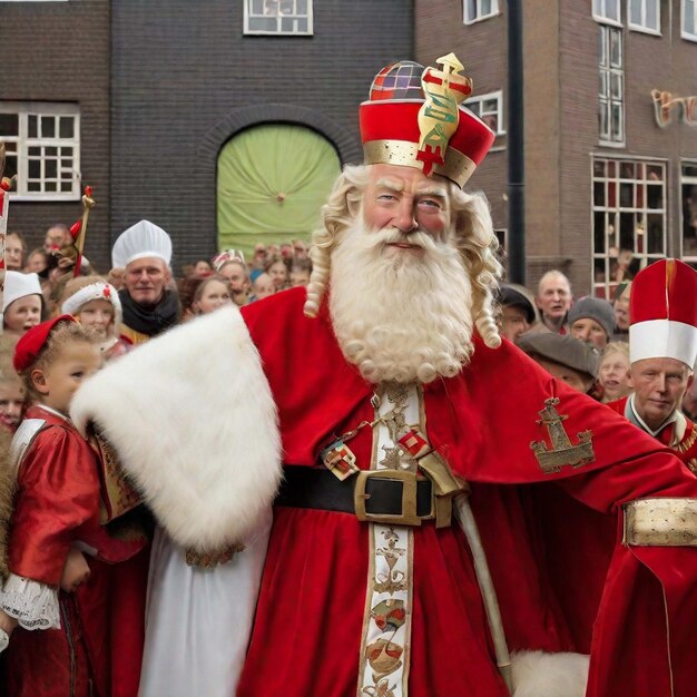 Photo portrait of the the dutch santa claus called 'sinterklaas' while he is arriving in town