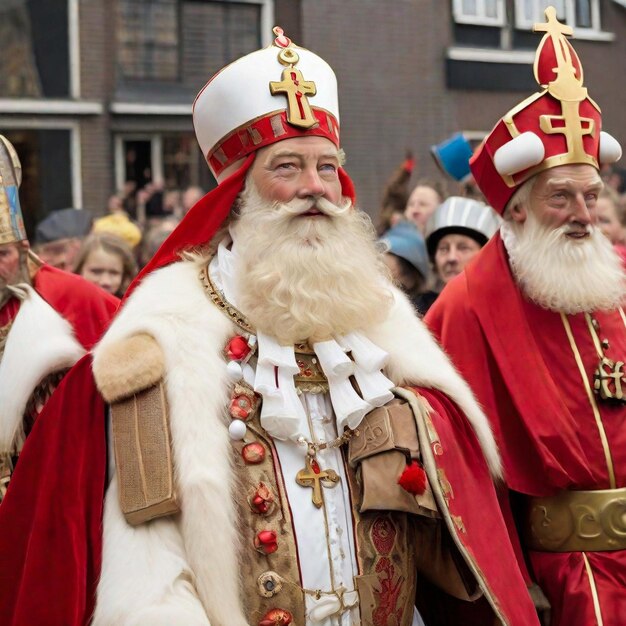 Photo portrait of the the dutch santa claus called 'sinterklaas' while he is arriving in town