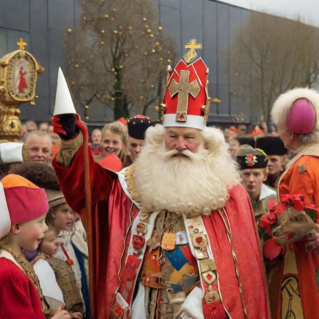 Photo portrait of the the dutch santa claus called 'sinterklaas' while he is arriving in town