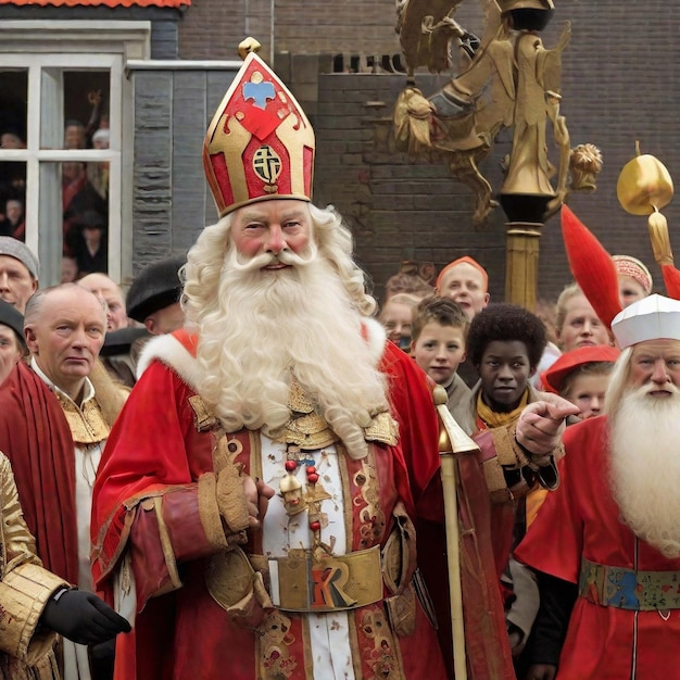 Photo portrait of the the dutch santa claus called 'sinterklaas' while he is arriving in town