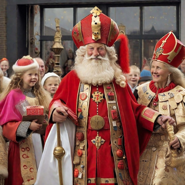 Photo portrait of the the dutch santa claus called 'sinterklaas' while he is arriving in town