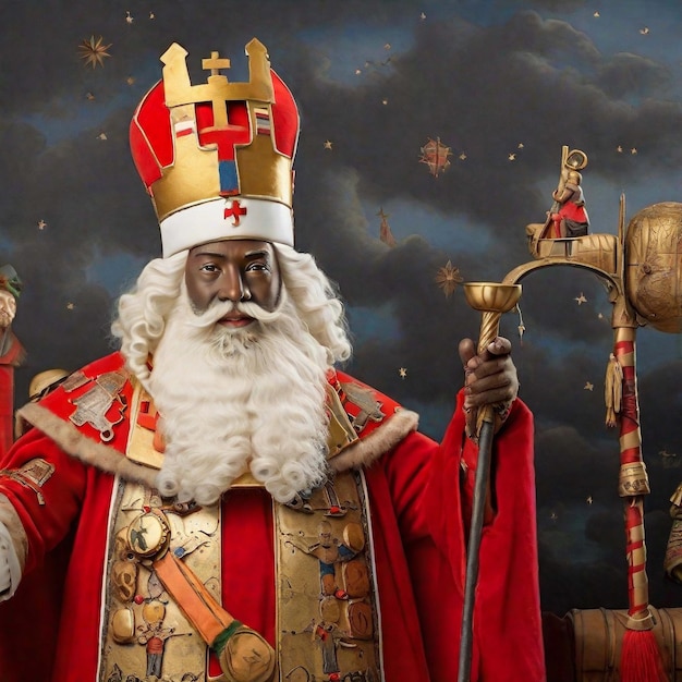 Photo portrait of the the dutch santa claus called 'sinterklaas' while he is arriving in town