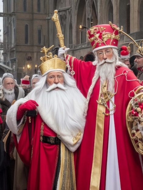 Photo portrait of the the dutch santa claus called 'sinterklaas' while he is arriving in town