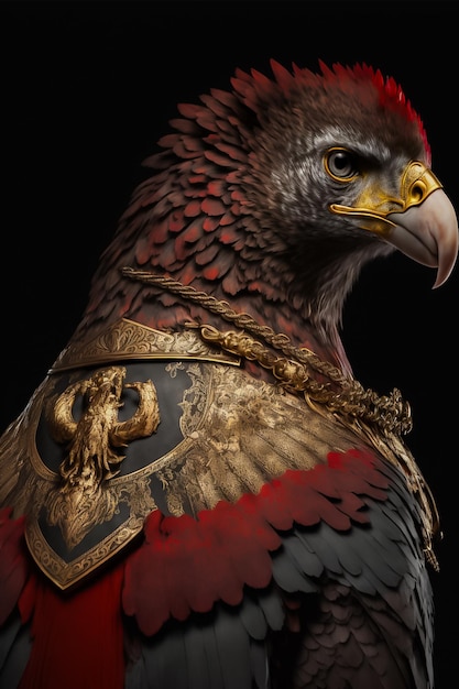 Portrait of eagle knight wearing black and red armor AI Generated