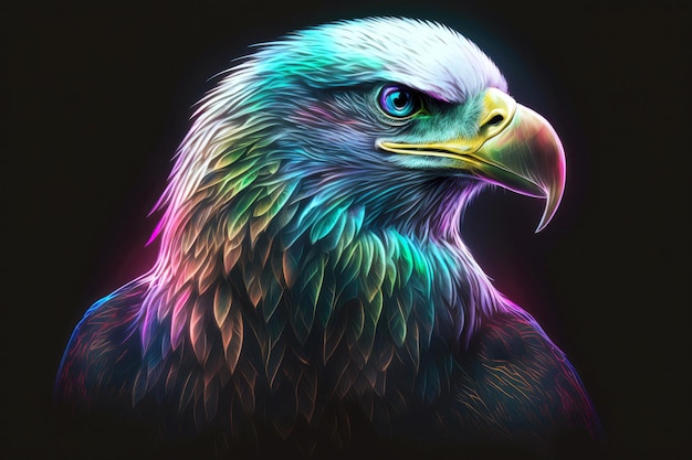 Portrait of eagle in neon colors on a dark background generative ai illustration