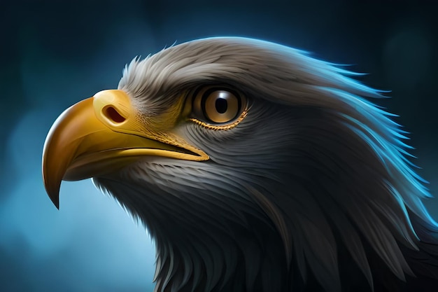 A portrait of an eagle with a blue background.