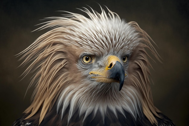 A portrait of an eagle with a yellow and white head