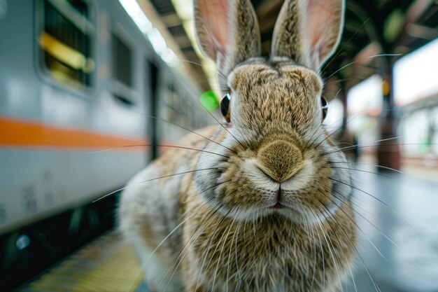 Foto ritratto di un coniglietto di pasqua in una stazione ferroviaria ai generativa