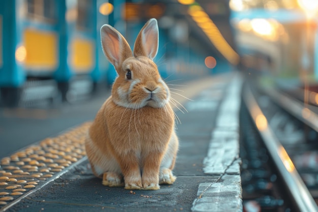 Foto ritratto di un coniglietto di pasqua in una stazione ferroviaria ai generativa