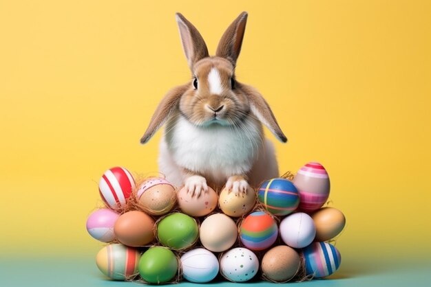 A portrait of easter bunny wearing knitted hat and scarf