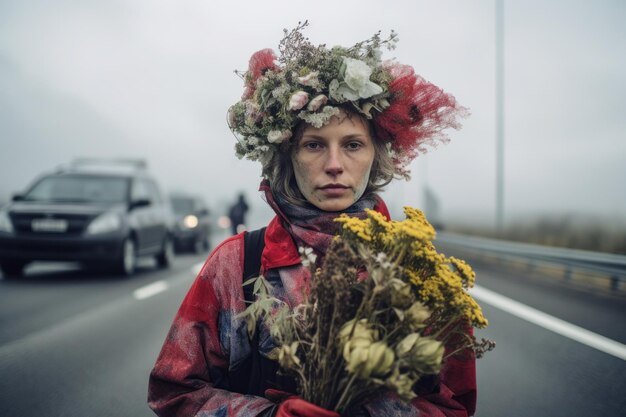 Photo portrait of ecoactivist block the highway to protest the government's failure on climate problems