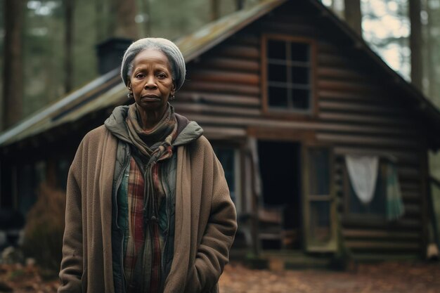 Portrait of an elderly African American woman in front of a cabin in the woods