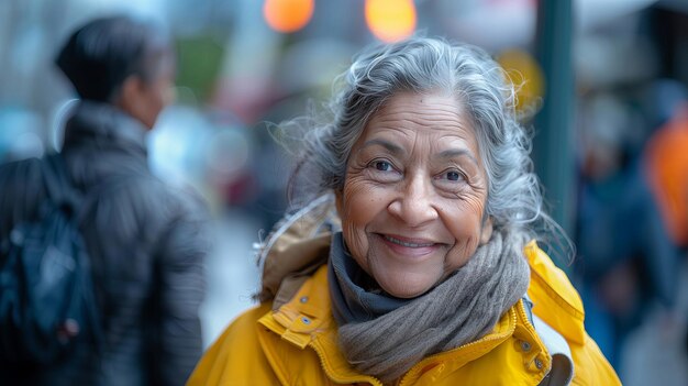路上で黄色いジャケットを着た年配のアジア人女性の肖像画