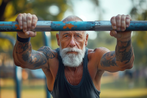 portrait of elderly athletic adult male athlete training doing exercises on horizontal bars on outdoor sports field in summer