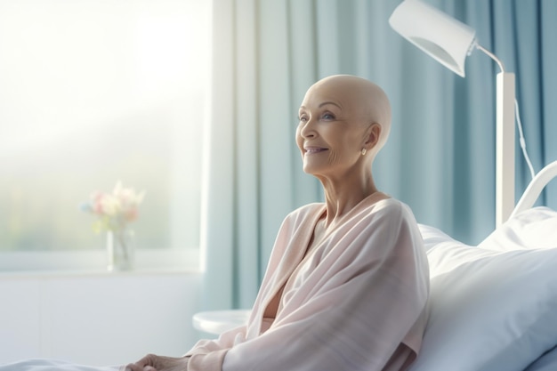 portrait of elderly bald sick woman in the hospital cancer bright white walls light and airy super r