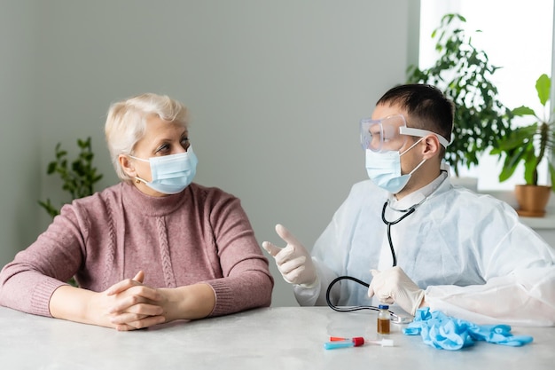 Portrait of elderly caucasian woman wearing protective medical mask. Care for the elderly people during corona virus outbreak, a helping hand, home care concept.