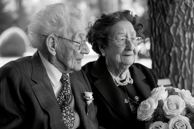 A portrait of an elderly couple looking into each others eyes