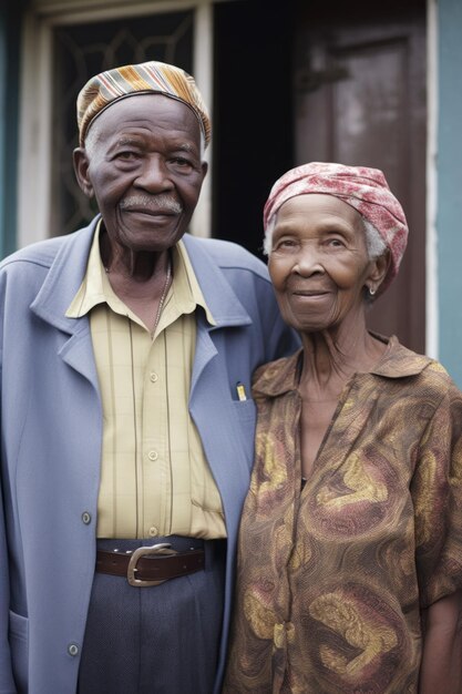 A portrait of an elderly couple standing outside their home