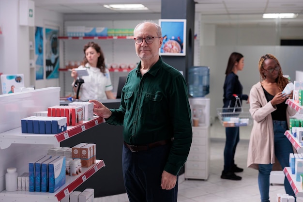 Portrait of elderly customer doing medicinal shopping in\
drugstore, buying medication treatment to cure disease. pharmacy\
full with clients and pharmaceutical drugs, vitamin,\
supplements