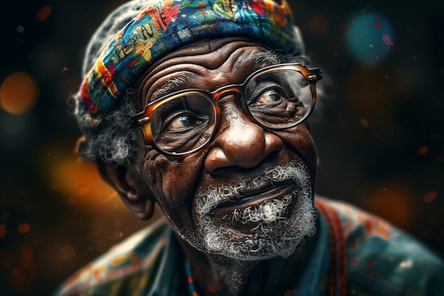 Portrait of an elderly darkskinned smiling grandfather with glasses The youth of the soul