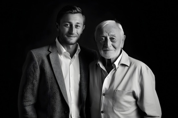 Portrait of an elderly father and his adult son against a black background Happy family concept