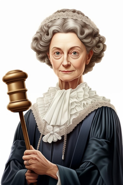 Portrait of an elderly female judge in a black robe holding a gavel