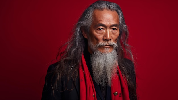 Portrait of an elderly handsome Asian senior man old with gray long hair on a red background banner