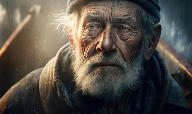 路上で孤独な悲しいひげを生やした高齢のホームレス男性の肖像画生成 AI
