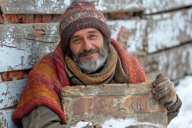 portrait of an elderly homeless man on a pedestrian street in the city The concept of help and hope