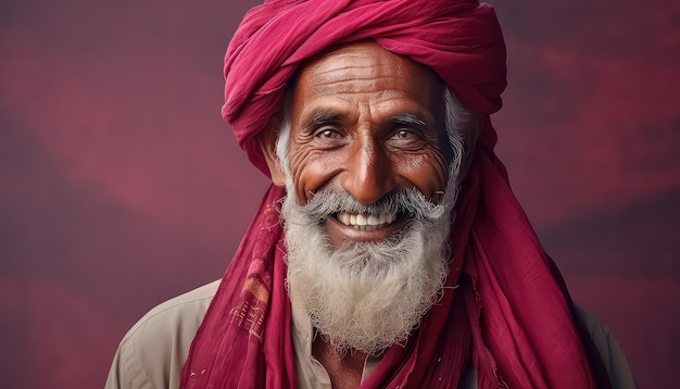 Portrait of an elderly Indian man wearing a pink turban