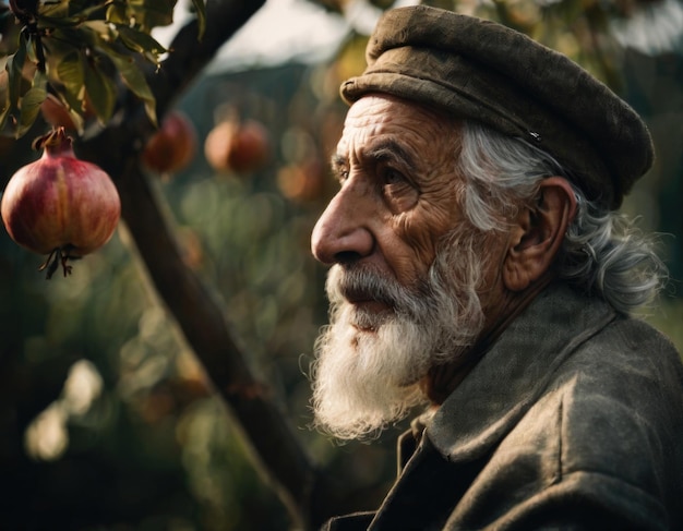 Portrait of an elderly man in national costume in nature Generation of AI