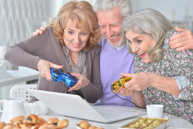 Portrait of elderly people playing computer game