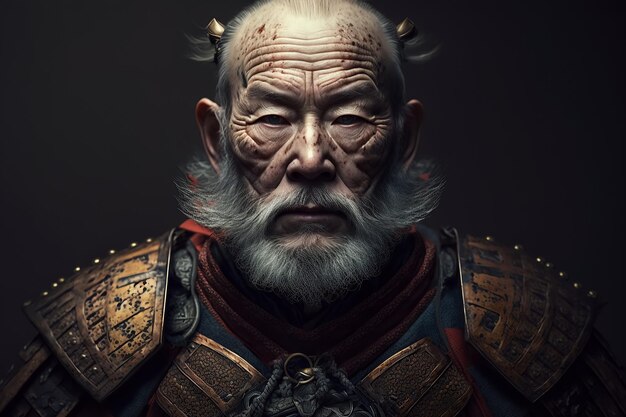 Portrait of elderly samurai warrior in traditional Japanese armor Generative AI illustration