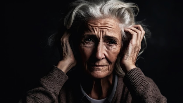 Portrait of an elderly woman on a black background with Alzheimer's sadly looking Generative AI