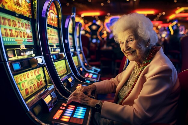 portrait of elderly woman gambler playing slot machine in casino Generated Al