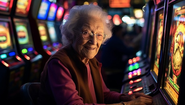 Portrait of elderly woman gambler playing slot machine in casino slot machines in las vegas grandma