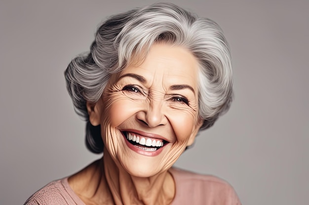 portrait of an elderly woman in a gray dress on a gray backgroundportrait of an elderly woman in a g