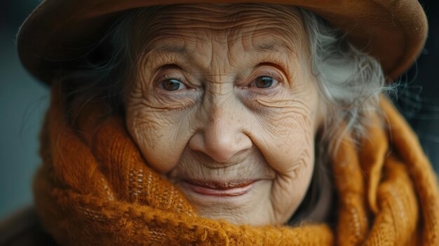 Portrait of an elderly woman in a hat and scarf Selective focus