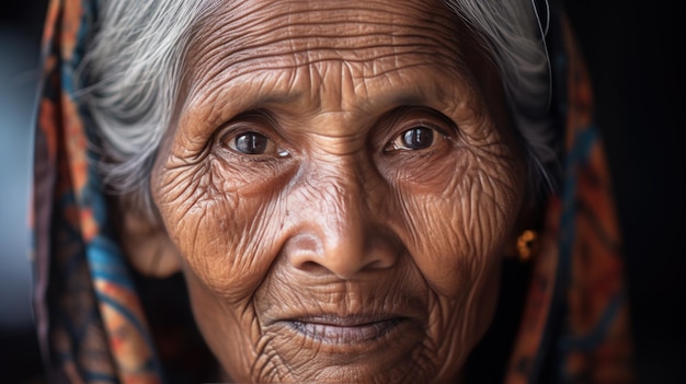 카메라를 보고 있는 노인 여성의 초상화