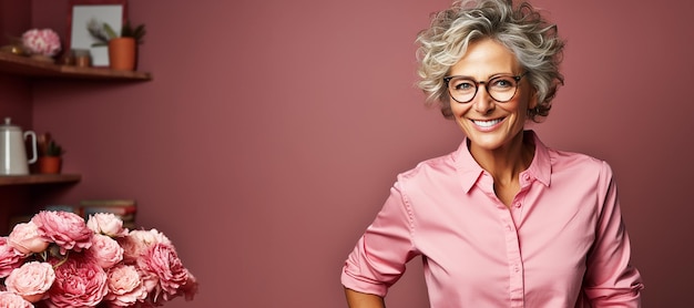 Portrait of an elderly woman smiling at the camera Colored background