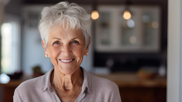 カメラに向かって微笑む年配の女性の肖像画