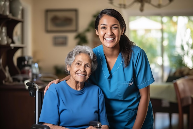 Photo portrait of an elderly woman smiling with her female nurse in blue scrubs