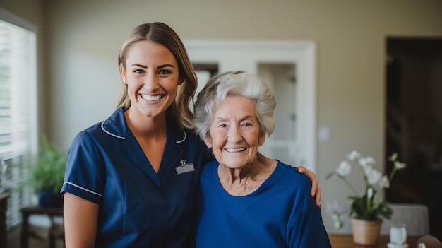 Photo portrait of an elderly woman smiling with her young female nurse in blue scrubs