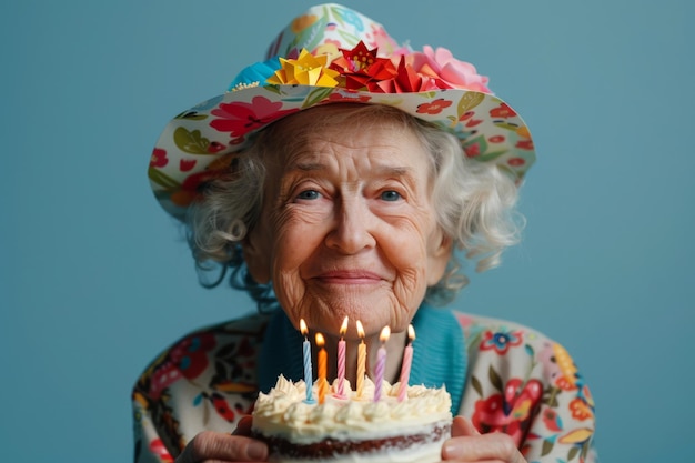 Portrait of an elderly woman with a birthday cake on a blue background