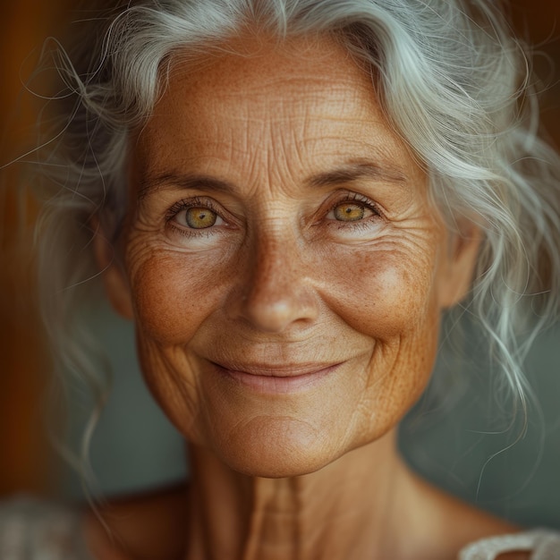 Portrait of an elderly woman with grey hair and green eyes