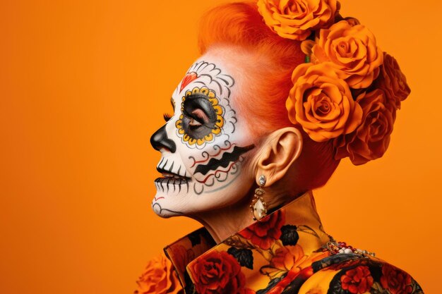 Portrait of an elderly woman with holiday makeup of the day of her death on an orange background