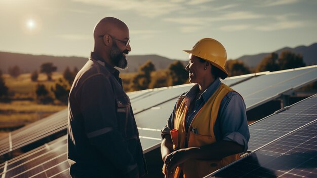 Photo portrait of electrician engineers in safety helmet and uniform checking solar panels group of two engineers at solar station