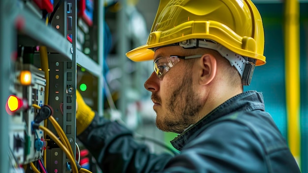 portrait of a electrician in a helmet electrician engineer with yellow helmet at the workstation