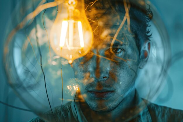 Photo portrait of a electrician with a double exposure of a wire and a bulb