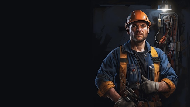 Portrait of an electrician in work clothes on a dark background with a place for the inscription